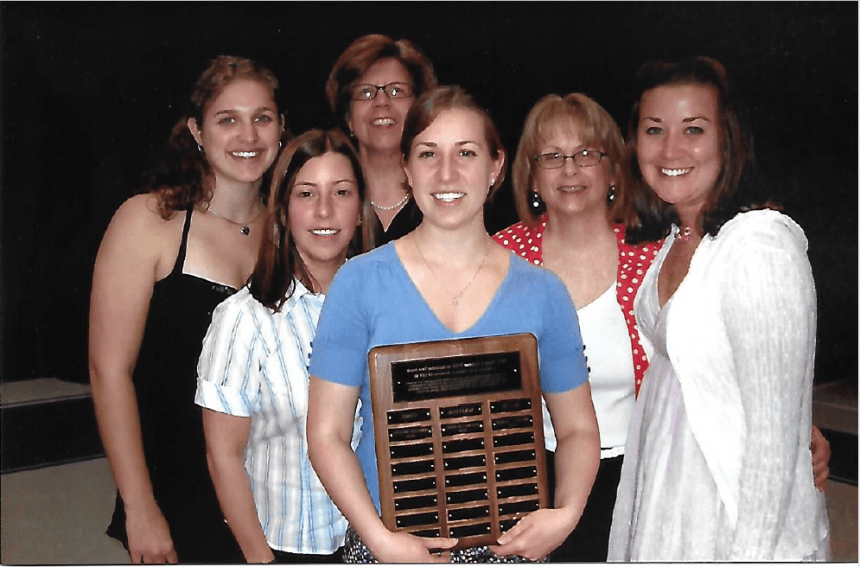 From left: 2008 Henderson Outstanding Tutor Award recipients Laura J. McAbee in writing, (Coordinator of Writing Center Karen Bilotti), Jennifer Froling in science, (Director of CAD Laura Choiniere), (Coordinator of Science Center Jennifer Alexander), and Nicole E. Baker in math. 