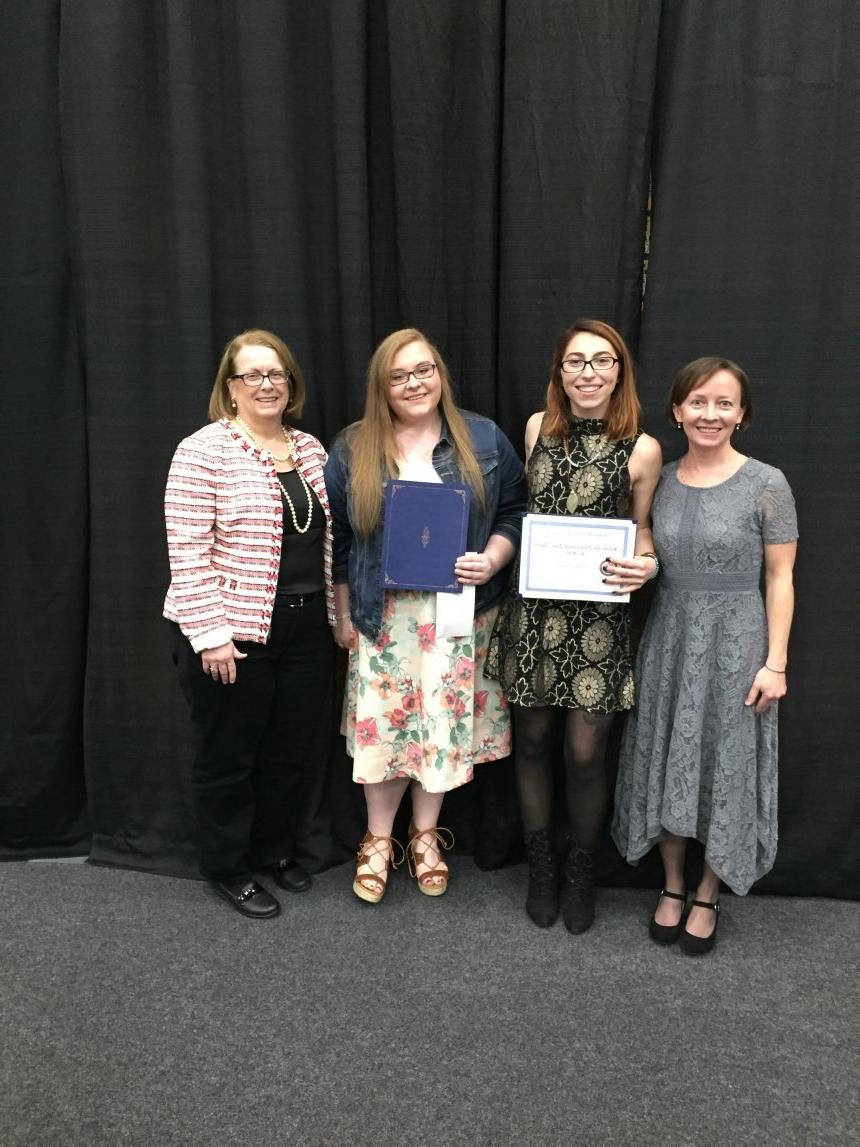 From left: 2017 Henderson Outstanding Tutor Award recipients Ashley Crane in math and Angela Kaczun in writing. They are congratulated by Coordinator of the Science Center Tracey McDonnell Wysor (far left) and Coordinator of the Writing Center Karen Bilotti (far right). (Missing from photo is Kelly Cribari, Outstanding Tutor in Science.)